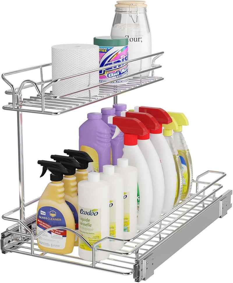 OCG Under Sink Cabinet Organizer Two Tier Pull Out Shelf (11.75W x21D), Under Sink Sliding Shelf for Kitchen Bathroom Cabinet 2 Tier Chrome - Image 1